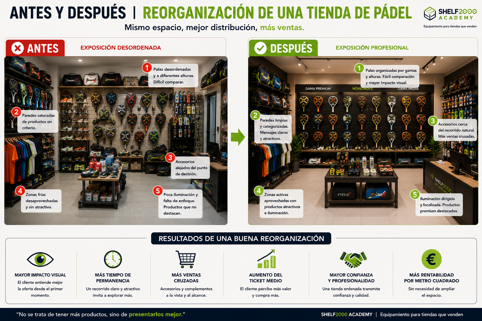 Plano ideal de una tienda de pádel orientada a la venta